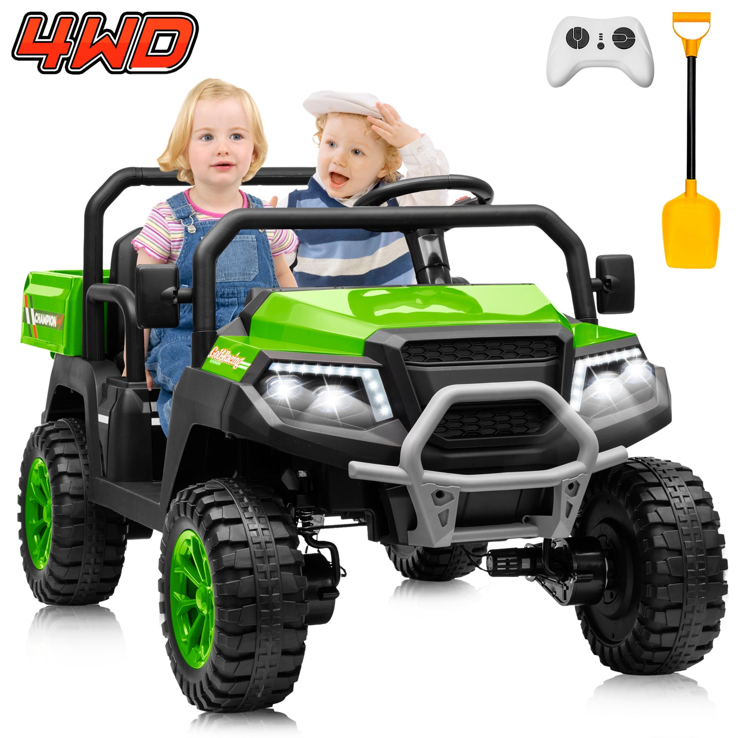 Joyracer 4WD 24 Volt Ride on Toys UTV with 2 Seater & Remote Control, Kids Electric Golf Cart w/ 4x200W Power Motors, Tiltable Trailer & Shovel, 4 Wheels Spring Suspension, Bluetooth USB Music, Green-623E