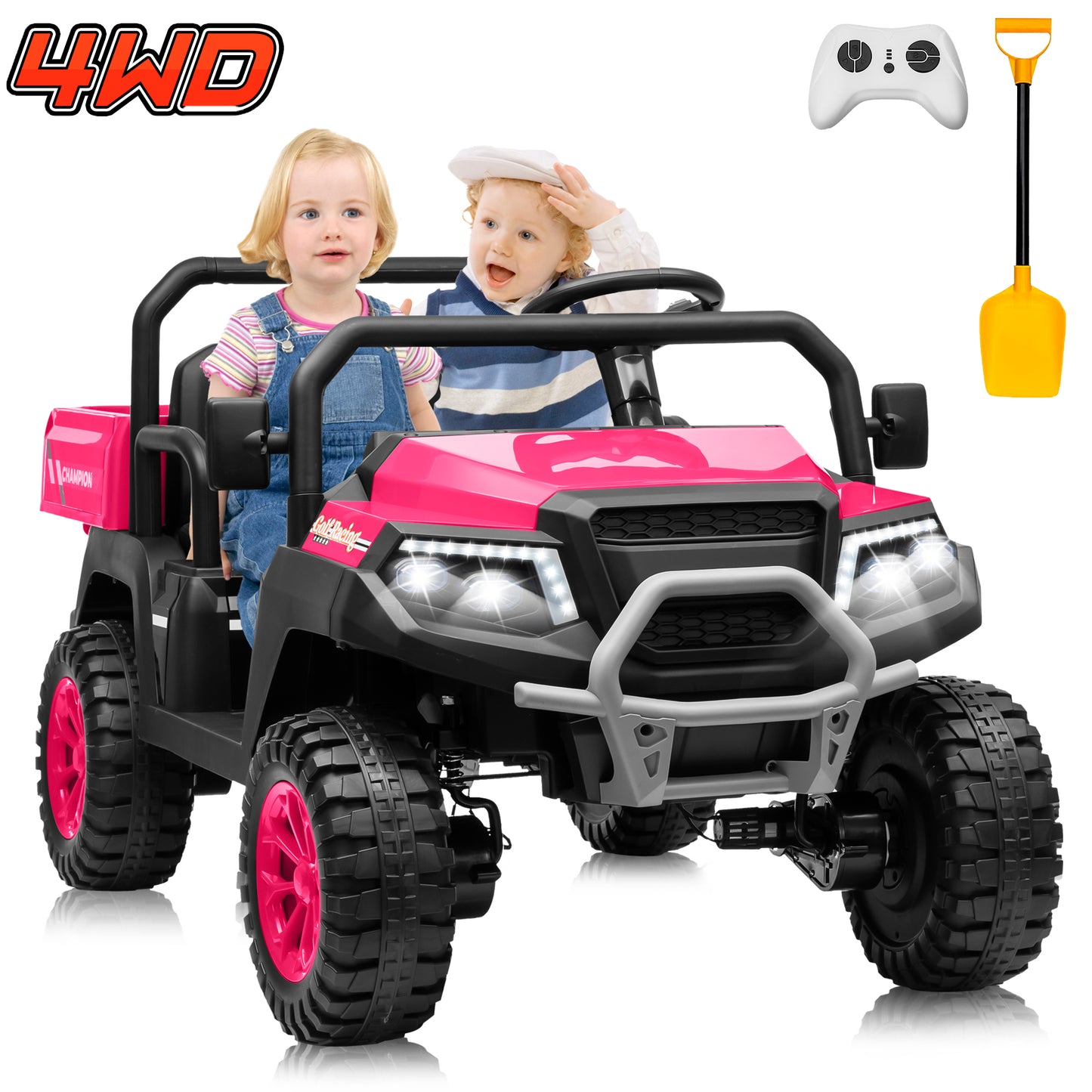 Joyracer 4WD 24 Volt Ride on Toys UTV with 2 Seater & Remote Control, Kids Electric Golf Cart w/ 4x200W Power Motors, Tiltable Trailer & Shovel, 4 Wheels Spring Suspension, Bluetooth USB Music, Green-623E