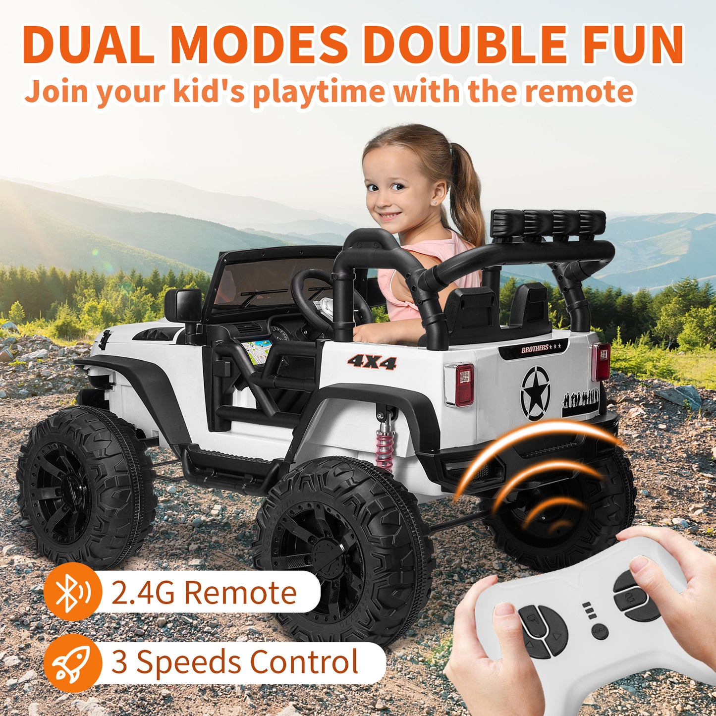 24V Kids Ride On Truck with 2 Seater Remote Control, 4WD Ride On Toy w/ 4*200W Motor 9AH Battery Powered Electric Car, 3 Speeds, Spring Suspension, LED Lights, Bluetooth Music, White