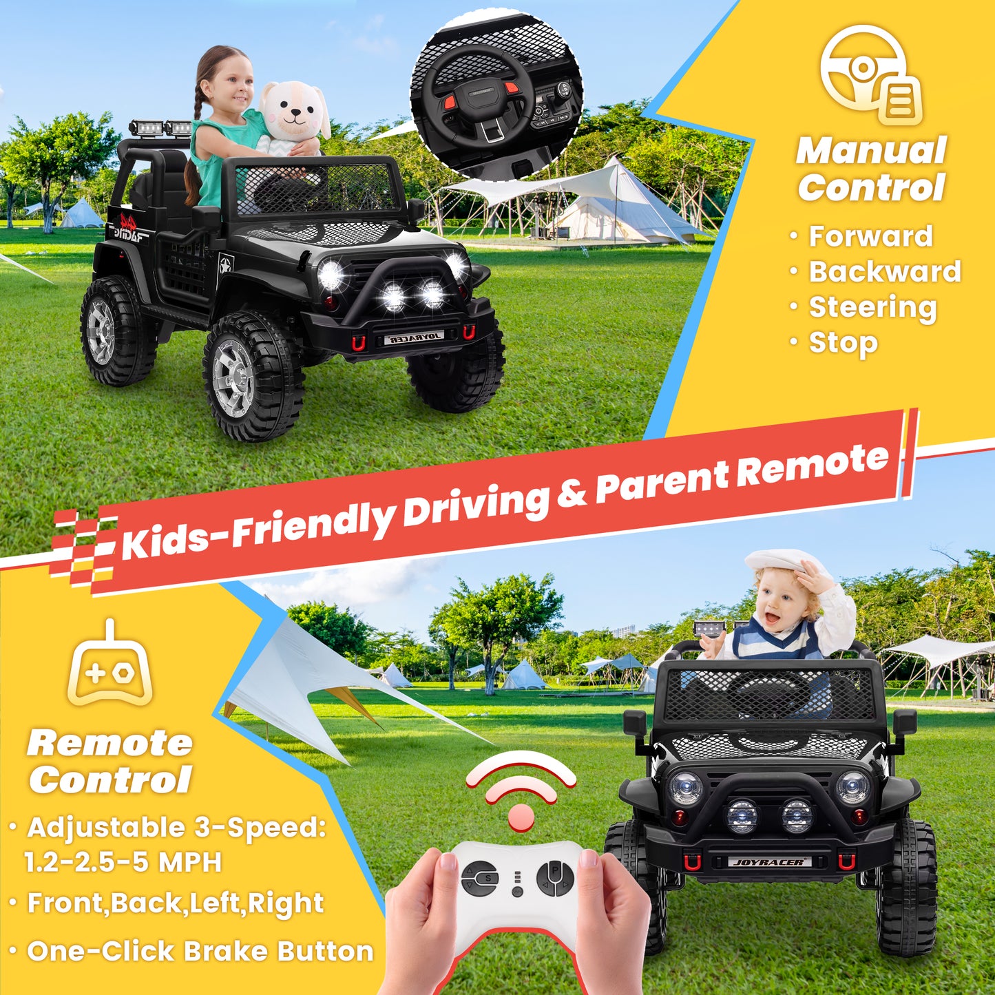 Joyracer 24V 2 Seater Kids Ride on Truck with Remote Control, 4×200W Motor, Electric Battery Powered Toys Car w/ 4 Wheels Spring Suspension, 3 Speeds, LED Lights, Bluetooth Music, Black
