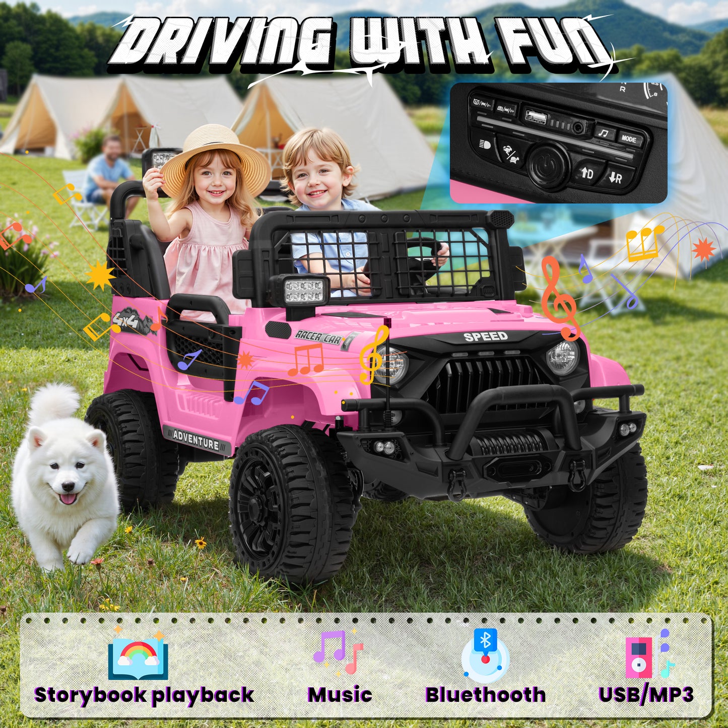 Joyracer 4WD 24V Ride On Toys Truck with Remote Control, 2 Seater 800W 9AH Powered Ride on Electric Car, Bluetooth MP3 Music, 4 Wheels Suspension, 3 Speeds, Black, Pink, Red,Pink-1202
