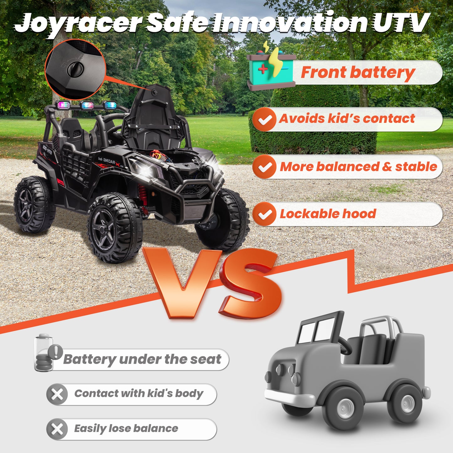 Joyracer 4WD 24V Ride on Toys Car w/ 2 XL Seater Remote Control, Electric UTV w/ 4*200W Motor, Power Car Wheels, LED Lights, Spring Suspension, 3 Speeds, Bluetooth Music