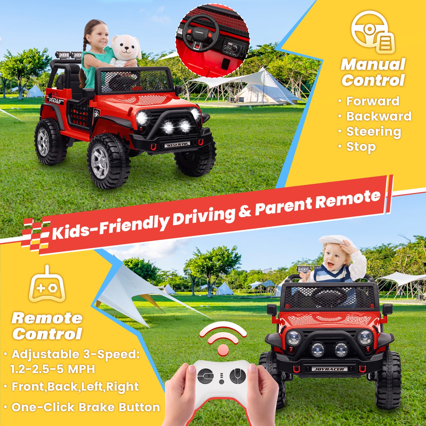 Joyracer 24V 2 Seater Kids Ride on Truck with Remote Control, 4×200W Motor, Electric Battery Powered Toys Car w/ 4 Wheels Spring Suspension, 3 Speeds, LED Lights, Bluetooth Music, Red