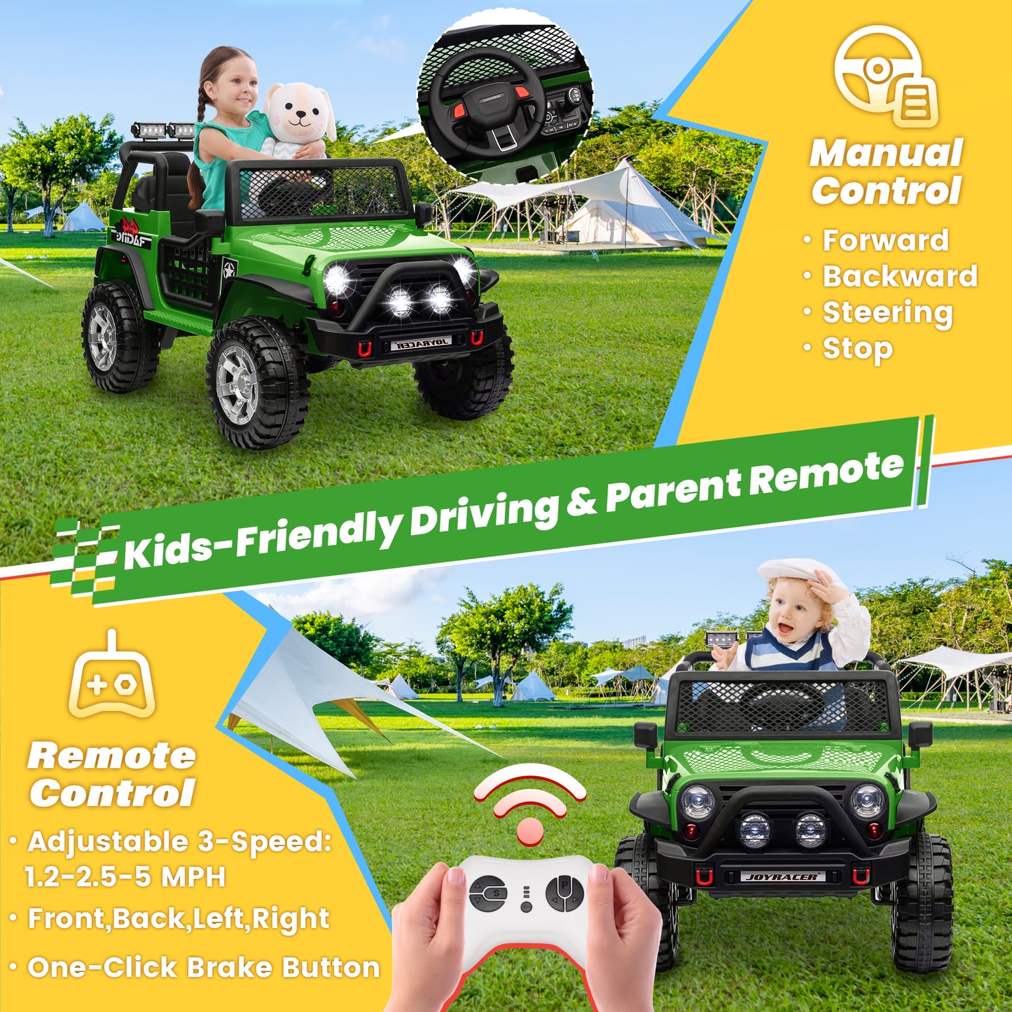 Joyracer 24V 2 Seater Kids Ride on Truck with Remote Control, 4×200W Motor, Electric Battery Powered Toys Car w/ 4 Wheels Spring Suspension, 3 Speeds, LED Lights, Bluetooth Music, Army Green