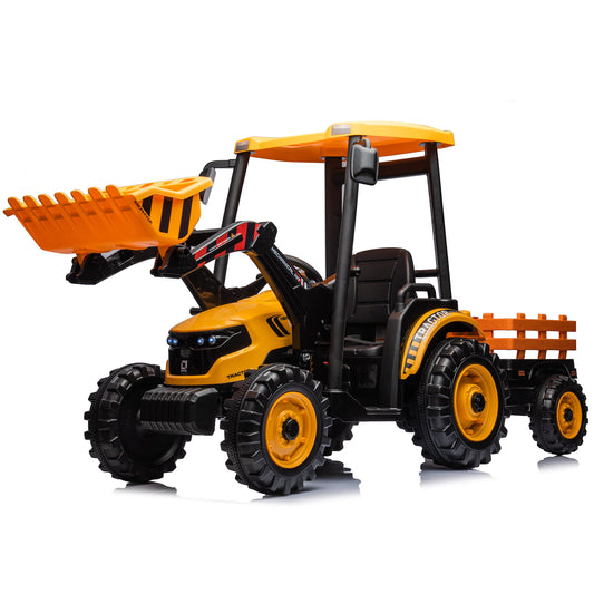 24V Kids Ride on Excavator Tractor with Trailer and Front Loader, 400W Strong Motors, Battery Powered Electric Digger Toy w/ 3-Gear-Shift, Spring Suspension, LED Lights, MP3 Music Yellow