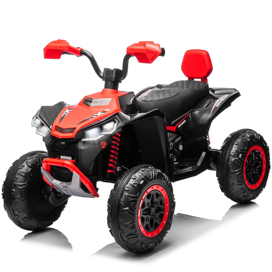 Joyracer 24V 4x4 Kids ATV Electric 4-Wheeler with Leather-Seater, 24 Volt Ride on Toys for Big Kids w/ Kneepads, 4x200W Motors, Bluetooth Music, Red