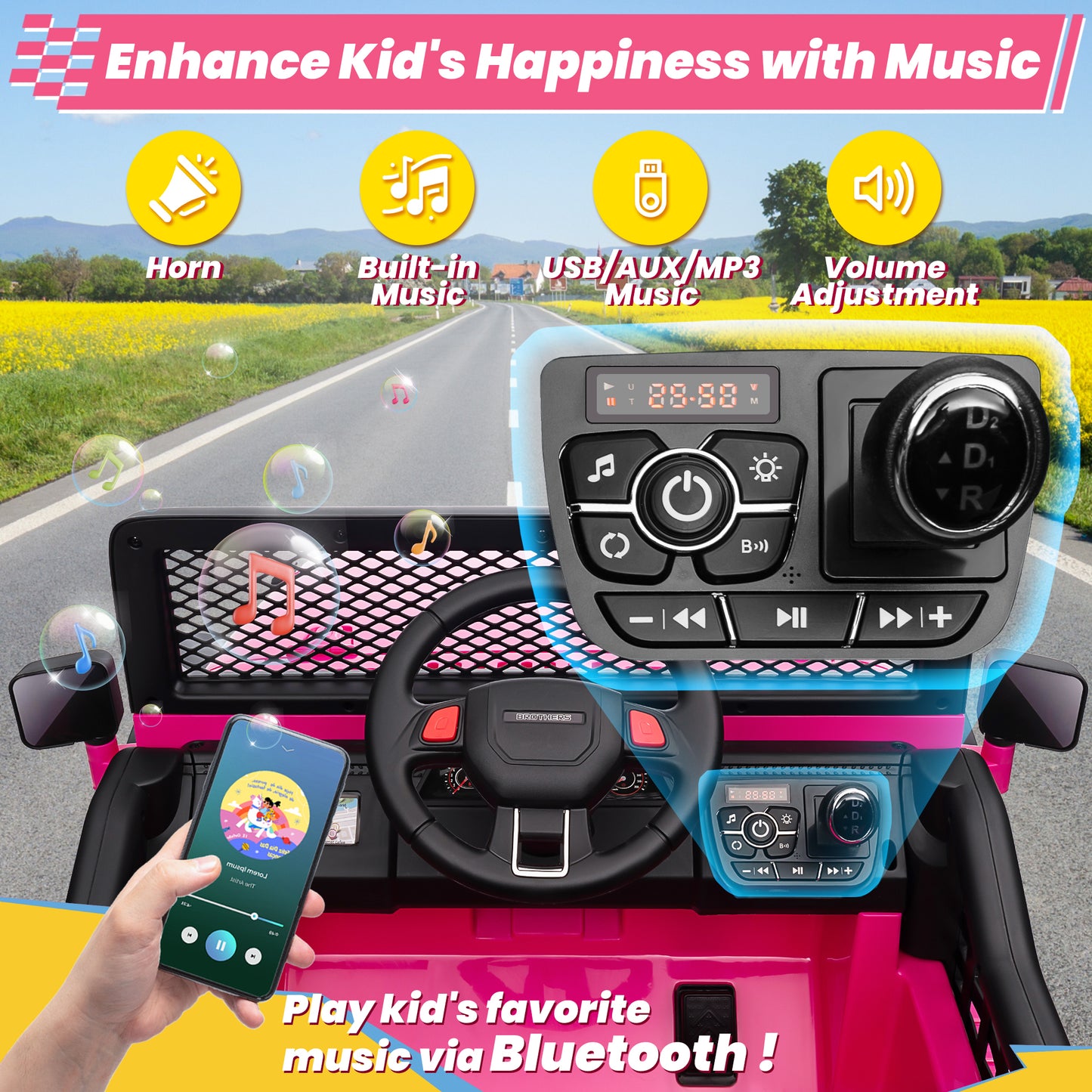 Joyracer 24V 2 Seater Kids Ride on Truck with Remote Control, 4×200W Motor, Electric Battery Powered Toys Car w/ 4 Wheels Spring Suspension, 3 Speeds, LED Lights, Bluetooth Music, Rose Pink