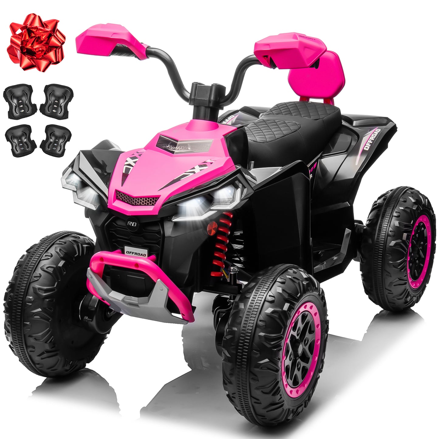 Joyracer 24V 4x4 Kids ATV Electric 4-Wheeler with Leather 2-Seater, 24 Volt Ride on Toys for Big Kids w/ Kneepads, 4x200W Motors, Bluetooth Music, Black,Green,Pink,Red-2405