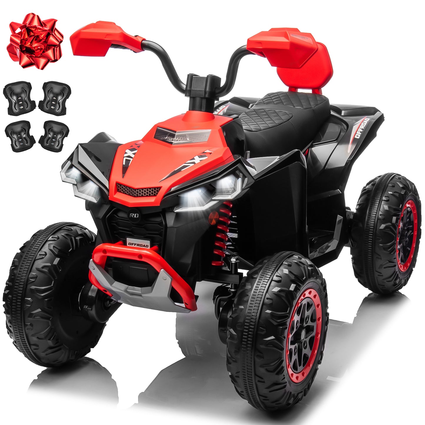 Joyracer 24V 4x4 Kids ATV Electric 4-Wheeler with Leather 2-Seater, 24 Volt Ride on Toys for Big Kids w/ Kneepads, 4x200W Motors, Bluetooth Music, Black,Green,Pink,Red-2405