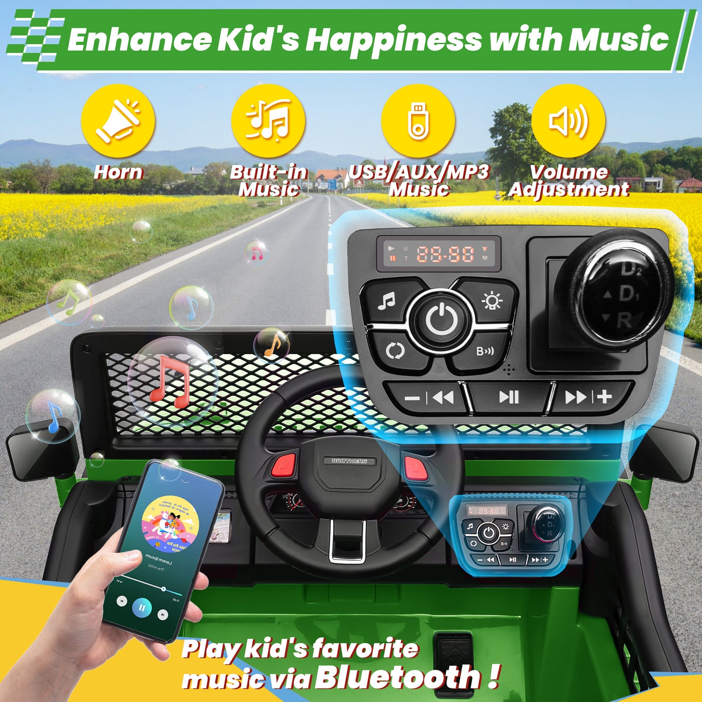 Joyracer 24V 2 Seater Kids Ride on Truck with Remote Control, 4×200W Motor, Electric Battery Powered Toys Car w/ 4 Wheels Spring Suspension, 3 Speeds, LED Lights, Bluetooth Music, Army Green