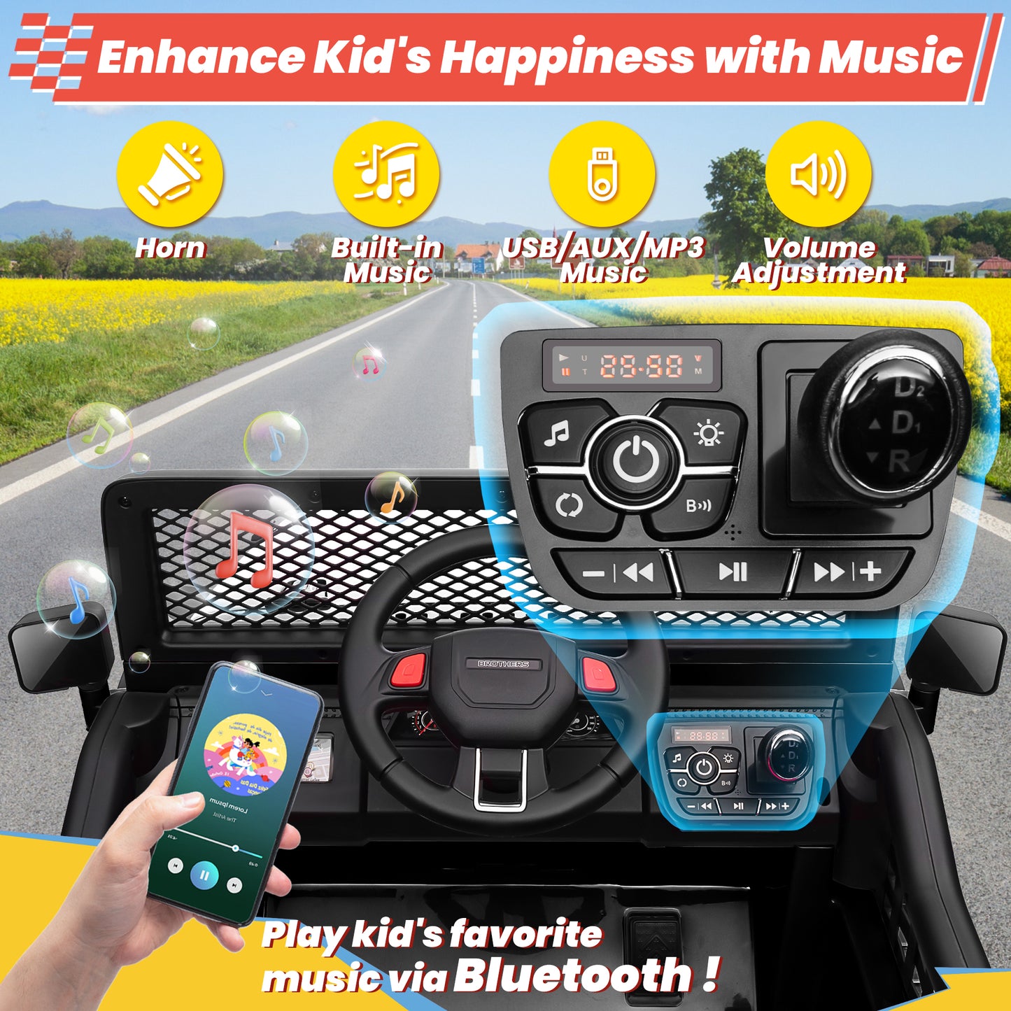 Joyracer 24V 2 Seater Kids Ride on Truck with Remote Control, 4×200W Motor, Electric Battery Powered Toys Car w/ 4 Wheels Spring Suspension, 3 Speeds, LED Lights, Bluetooth Music, Black