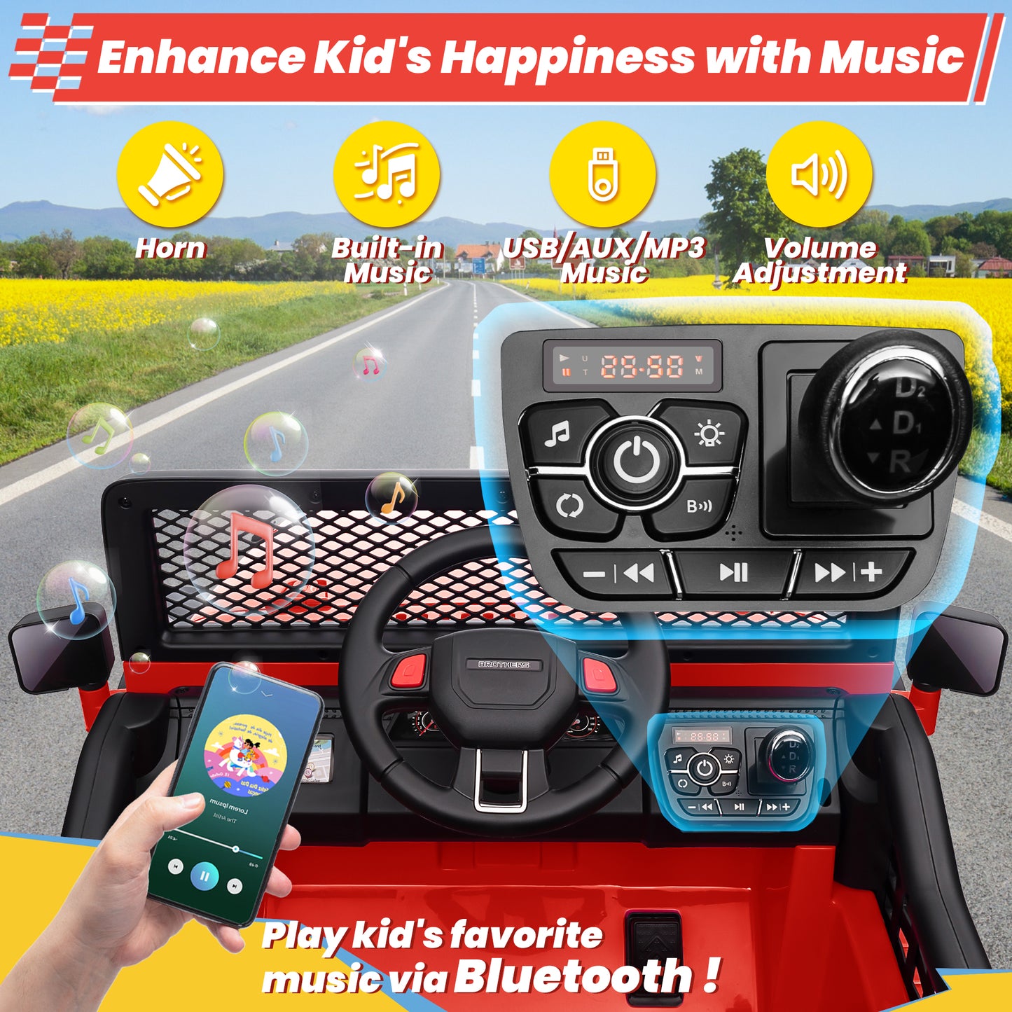 Joyracer 24V 2 Seater Kids Ride on Truck with Remote Control, 4×200W Motor, Electric Battery Powered Toys Car w/ 4 Wheels Spring Suspension, 3 Speeds, LED Lights, Bluetooth Music, Red