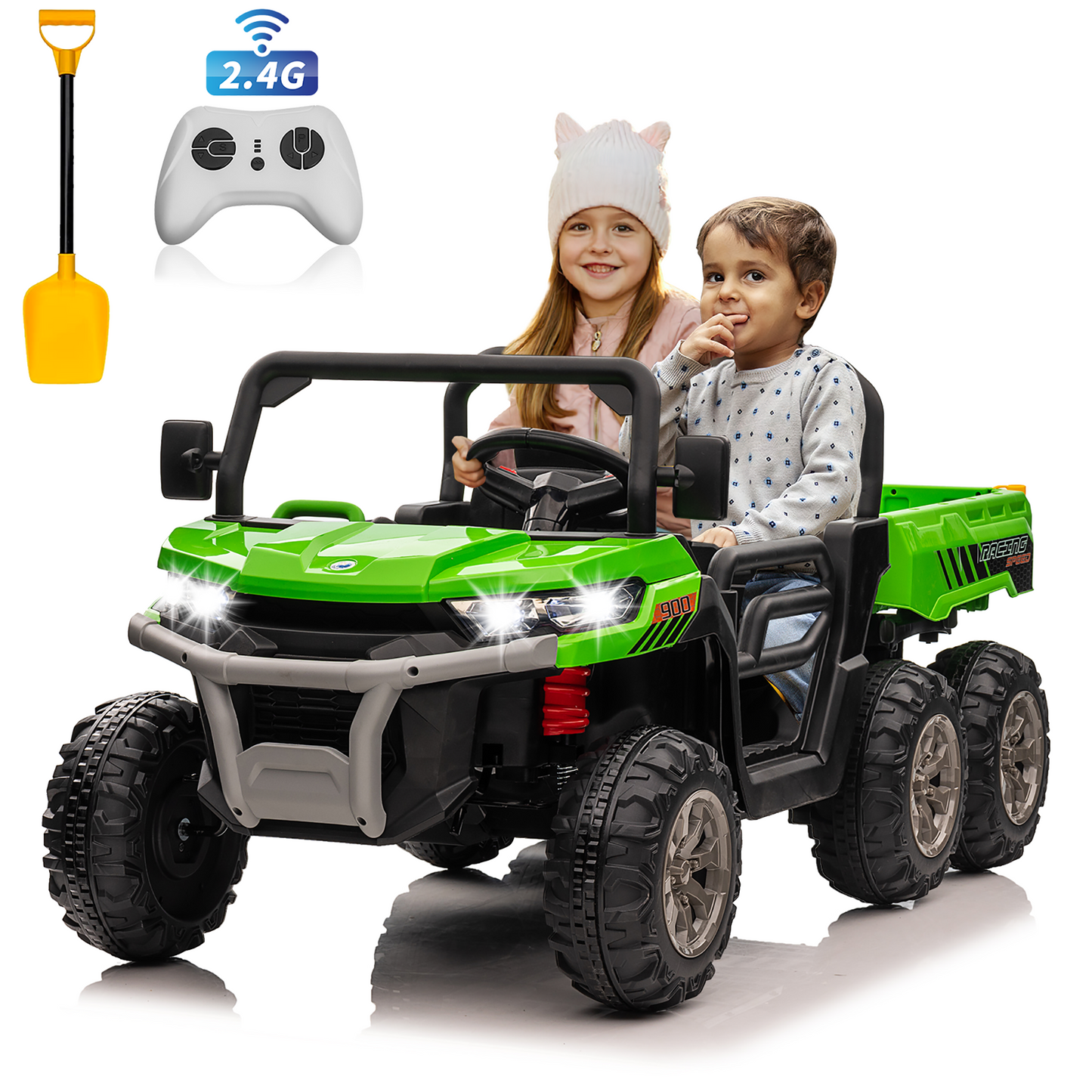 4x4 24V Ride on Dump Truck with Remote Control, 2 Seater Electric Powered Ride on Toys, 6-Wheel UTV Car w/ Tipping Bucket Trailer, Shovel, Suspension, Bluetooth Music, Big Kids-623B