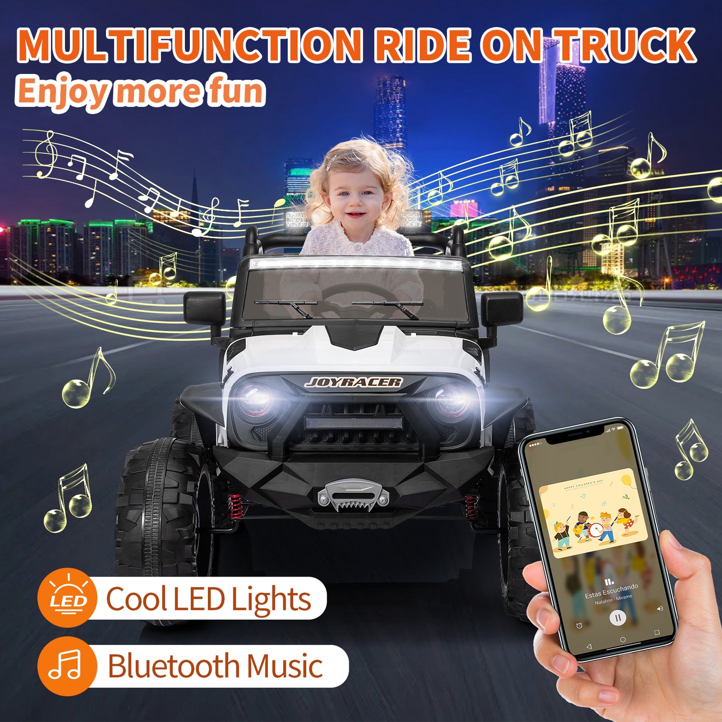 24V Kids Ride On Truck with 2 Seater Remote Control, 4WD Ride On Toy w/ 4*200W Motor 9AH Battery Powered Electric Car, 3 Speeds, Spring Suspension, LED Lights, Bluetooth Music, White