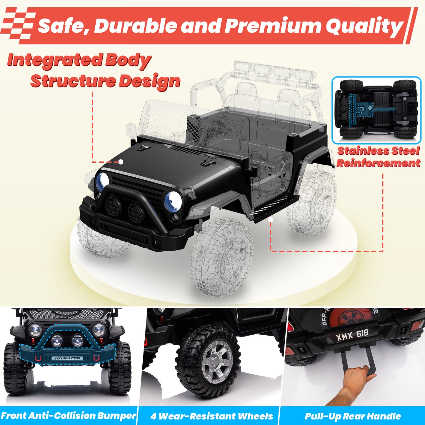 Joyracer 24V 2 Seater Kids Ride on Truck with Remote Control, 4×200W Motor, Electric Battery Powered Toys Car w/ 4 Wheels Spring Suspension, 3 Speeds, LED Lights, Bluetooth Music, Black