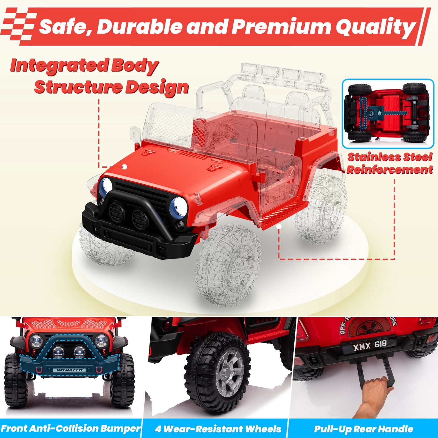 Joyracer 24V 2 Seater Kids Ride on Truck with Remote Control, 4×200W Motor, Electric Battery Powered Toys Car w/ 4 Wheels Spring Suspension, 3 Speeds, LED Lights, Bluetooth Music, Red