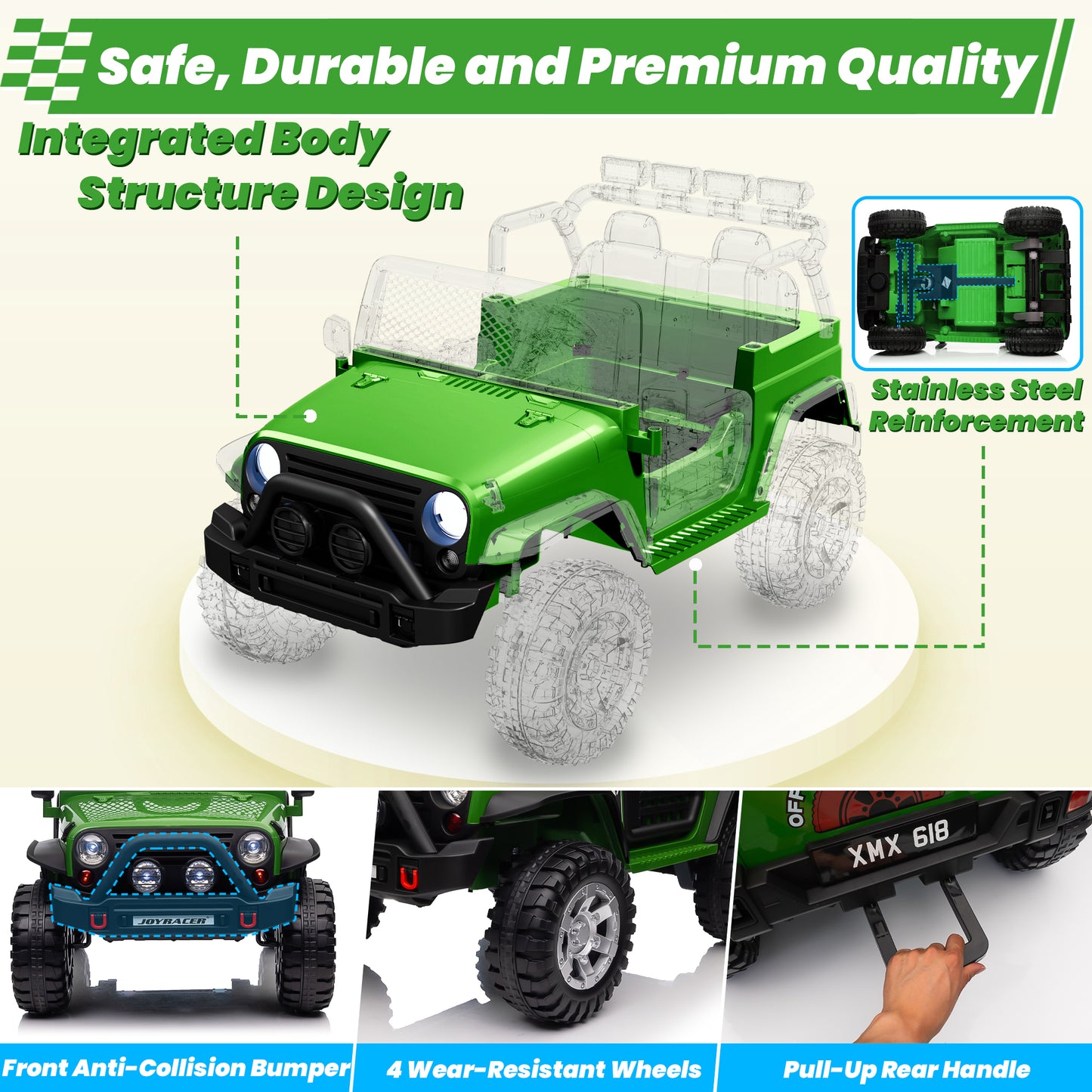 Joyracer 24V 2 Seater Kids Ride on Truck with Remote Control, 4×200W Motor, Electric Battery Powered Toys Car w/ 4 Wheels Spring Suspension, 3 Speeds, LED Lights, Bluetooth Music, Army Green