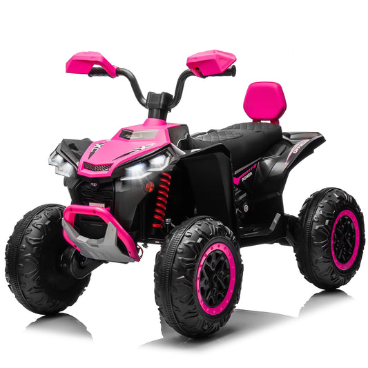 Joyracer 24V 4x4 Kids ATV Electric 4-Wheeler with Leather-Seater, 24 Volt Ride on Toys for Big Kids w/ Kneepads, 4x200W Motors, Bluetooth Music,Pink