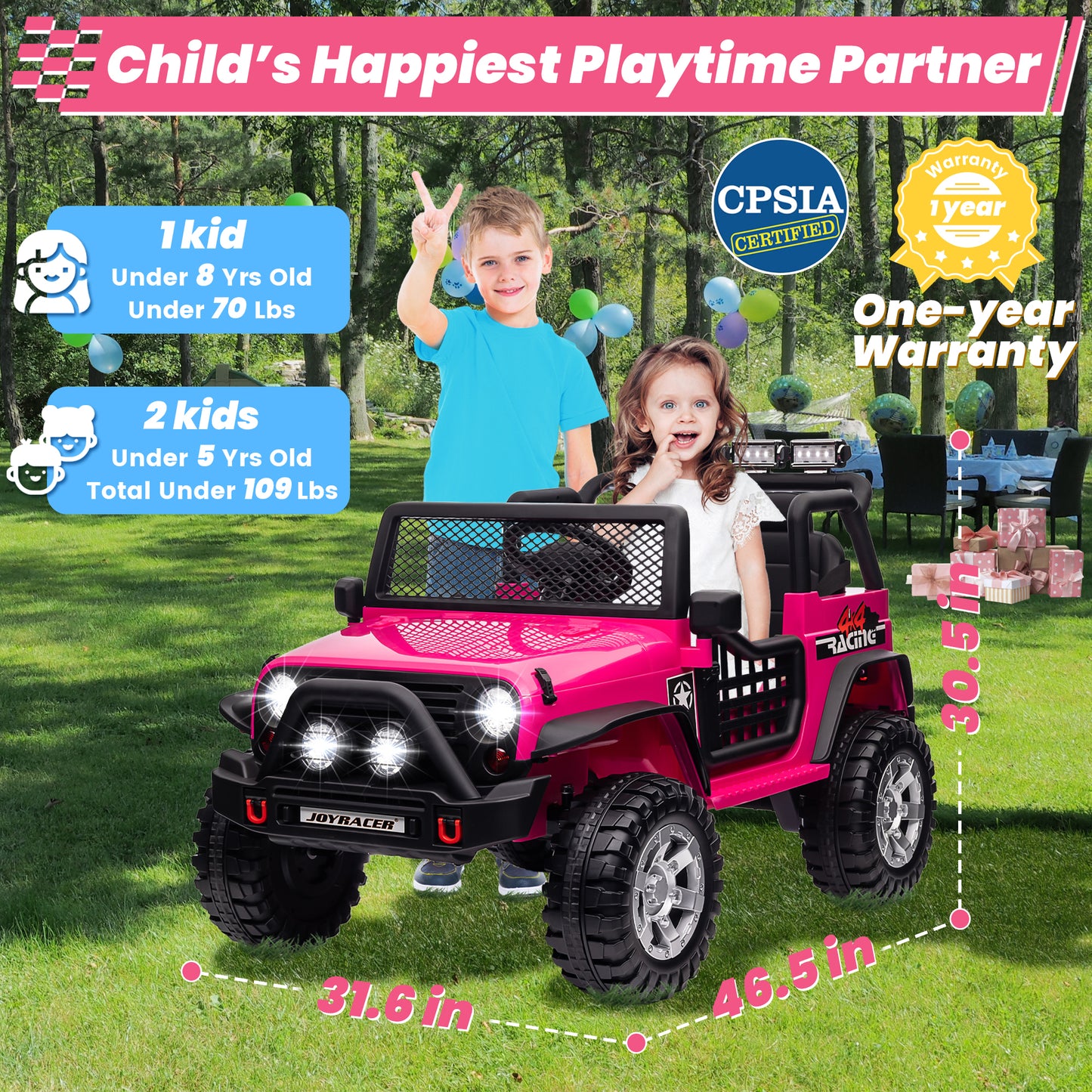 Joyracer 24V 2 Seater Kids Ride on Truck with Remote Control, 4×200W Motor, Electric Battery Powered Toys Car w/ 4 Wheels Spring Suspension, 3 Speeds, LED Lights, Bluetooth Music, Rose Pink