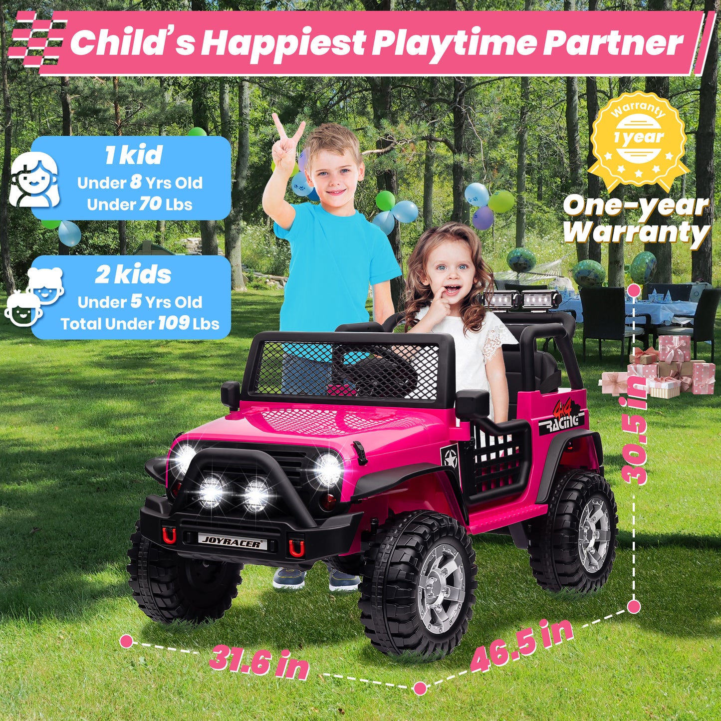 Joyracer 24V 2 Seater Kids Ride on Truck with Remote Control, 4×200W Motor, Electric Battery Powered Toys Car w/ 4 Wheels Spring Suspension, 3 Speeds, LED Lights, Bluetooth Music, Rose Pink