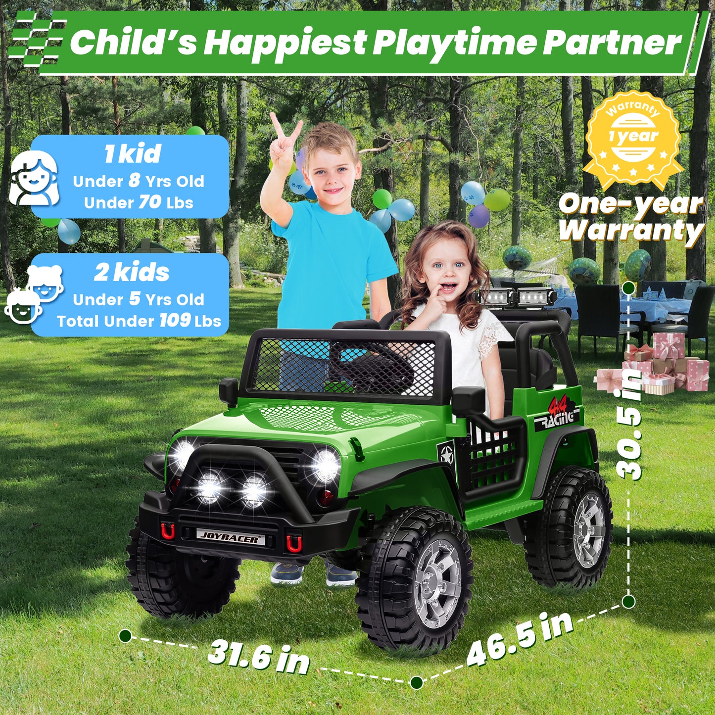 Joyracer 24V 2 Seater Kids Ride on Truck with Remote Control, 4×200W Motor, Electric Battery Powered Toys Car w/ 4 Wheels Spring Suspension, 3 Speeds, LED Lights, Bluetooth Music, Army Green