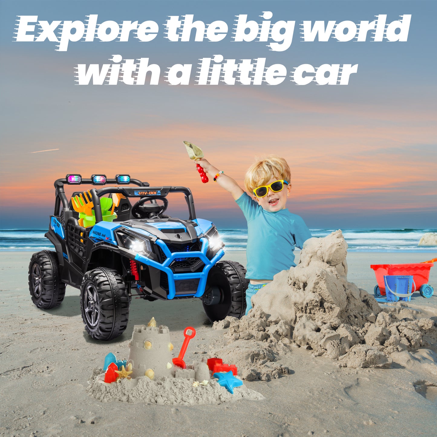 Joyracer 4WD 24V Ride on Toys Car w/ 2 XL Seater Remote Control, Electric UTV w/ 4*200W Motor, Power Car Wheels, LED Lights, Spring Suspension, 3 Speeds, Bluetooth Music