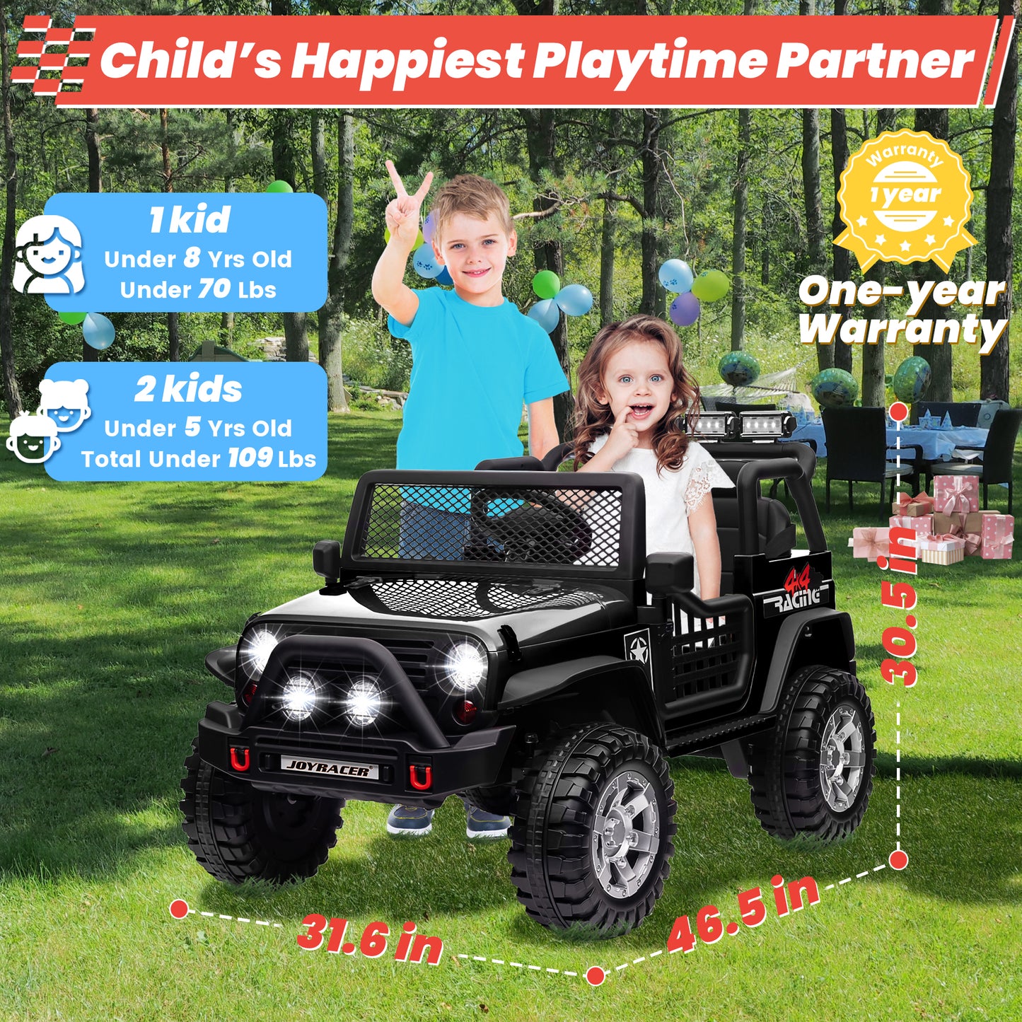 Joyracer 24V 2 Seater Kids Ride on Truck with Remote Control, 4×200W Motor, Electric Battery Powered Toys Car w/ 4 Wheels Spring Suspension, 3 Speeds, LED Lights, Bluetooth Music, Black
