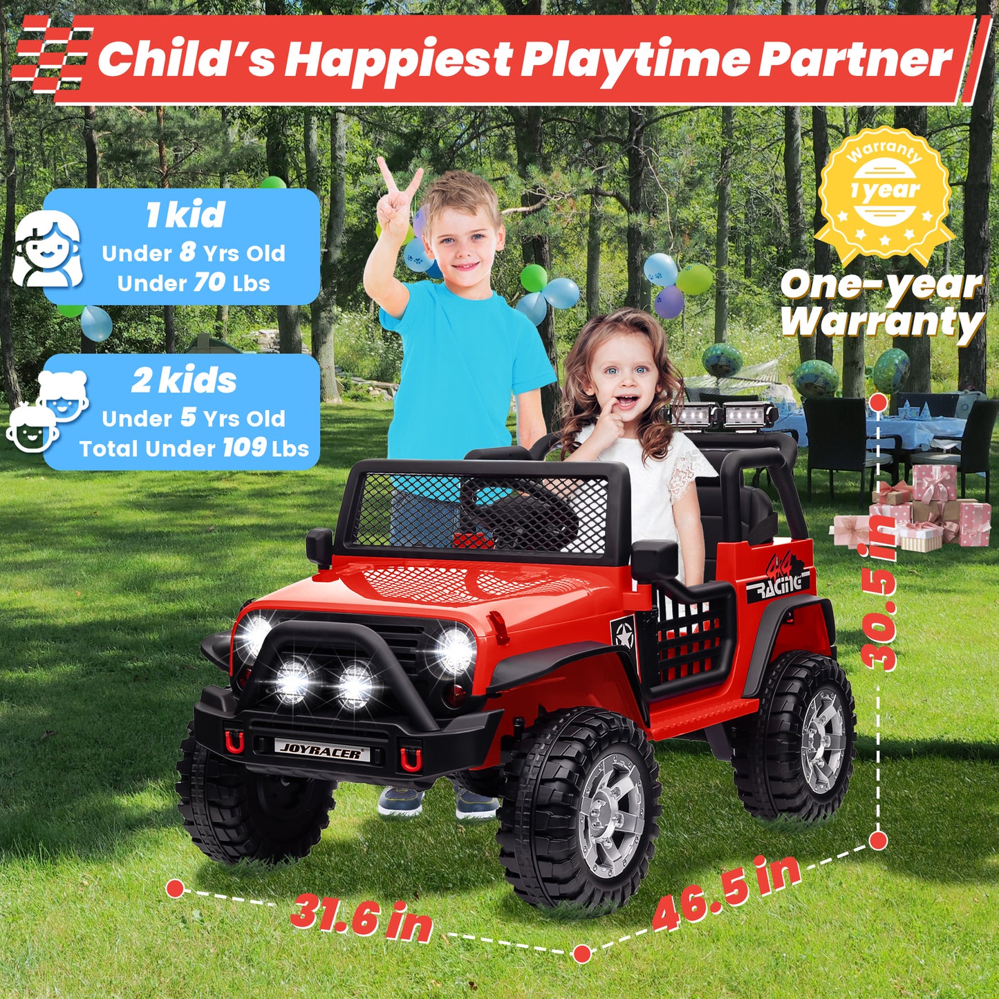 Joyracer 24V 2 Seater Kids Ride on Truck with Remote Control, 4×200W Motor, Electric Battery Powered Toys Car w/ 4 Wheels Spring Suspension, 3 Speeds, LED Lights, Bluetooth Music, Red