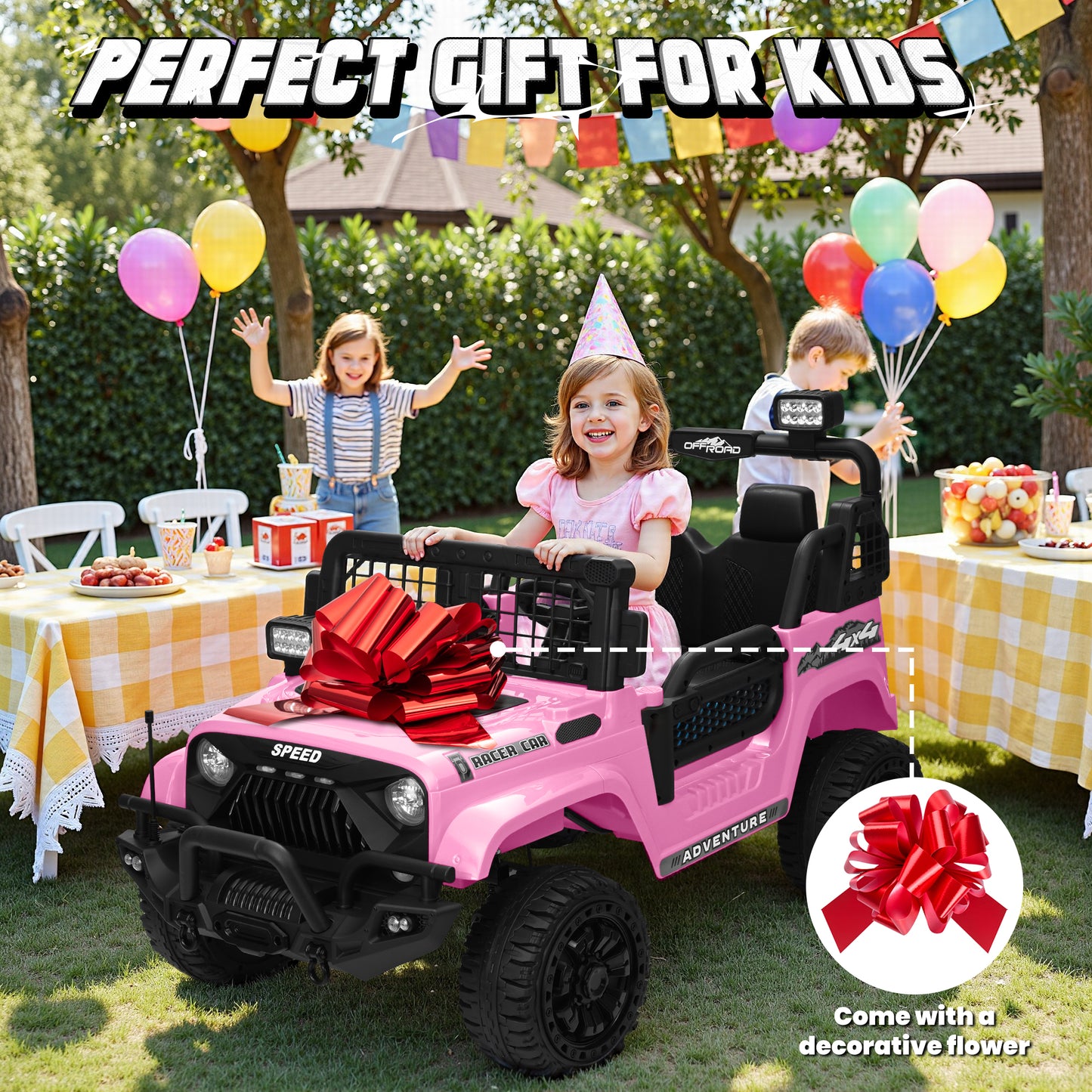 Joyracer 4WD 24V Ride On Toys Truck with Remote Control, 2 Seater 800W 9AH Powered Ride on Electric Car, Bluetooth MP3 Music, 4 Wheels Suspension, 3 Speeds, Black, Pink, Red,Pink-1202
