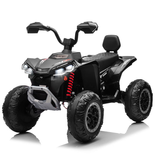 Joyracer 24V 4x4 Kids ATV Electric 4-Wheeler with Leather-Seater, 24 Volt Ride on Toys for Big Kids w/ Kneepads, 4x200W Motors, Bluetooth Music, Black