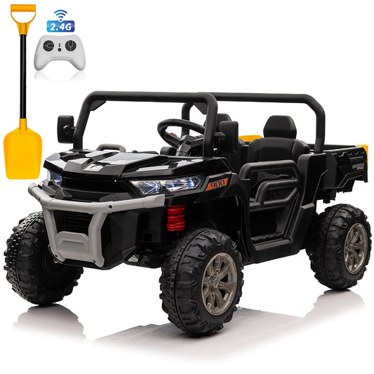 Joyracer 24V Ride on Toys UTV with Remote Control, Outdoor Electric Cars for Kids, 2 Seater Powered Ride on Dump Truck w/ Trailer, Shovel, 3 Speeds, Music, Big Kids, Black