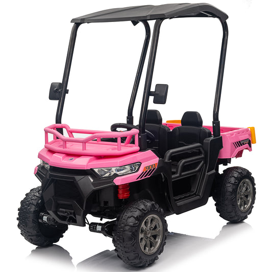 Joyracer 4WD 24 Volt Ride on Toys UTV with 2 Seater Remote Control, Kids Electric Golf Cart w/ 4x200W Power Motors,Tiltable Trailer & Shovel,4 Wheels Spring Suspension,Bluetooth USB Music,Rose Pink