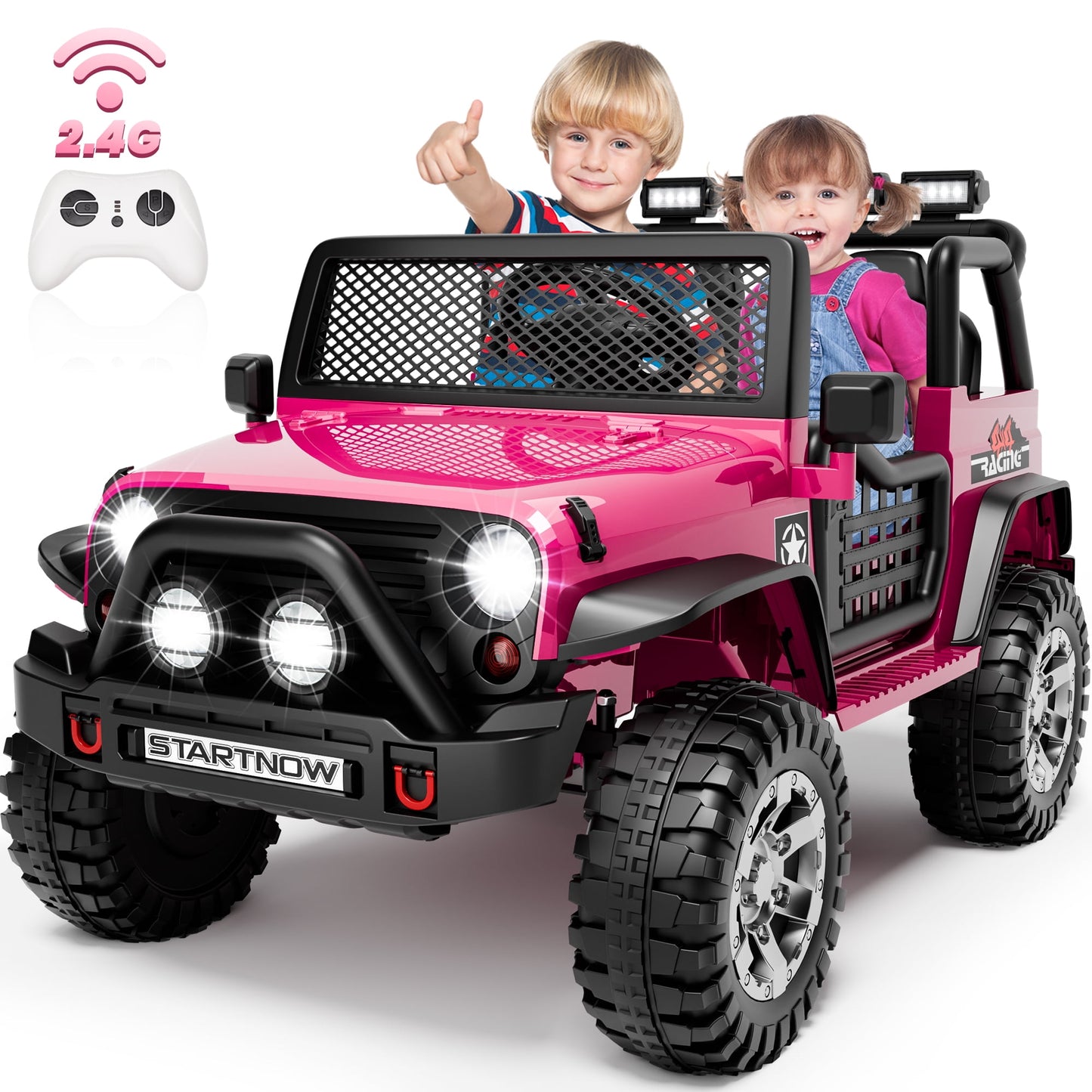 Joyracer 24V 2 Seater Kids Ride on Truck with Remote Control, 4×200W Motor, Electric Battery Powered Toys Car w/ 4 Wheels Spring Suspension, 3 Speeds, LED Lights, Bluetooth Music, Rose Pink