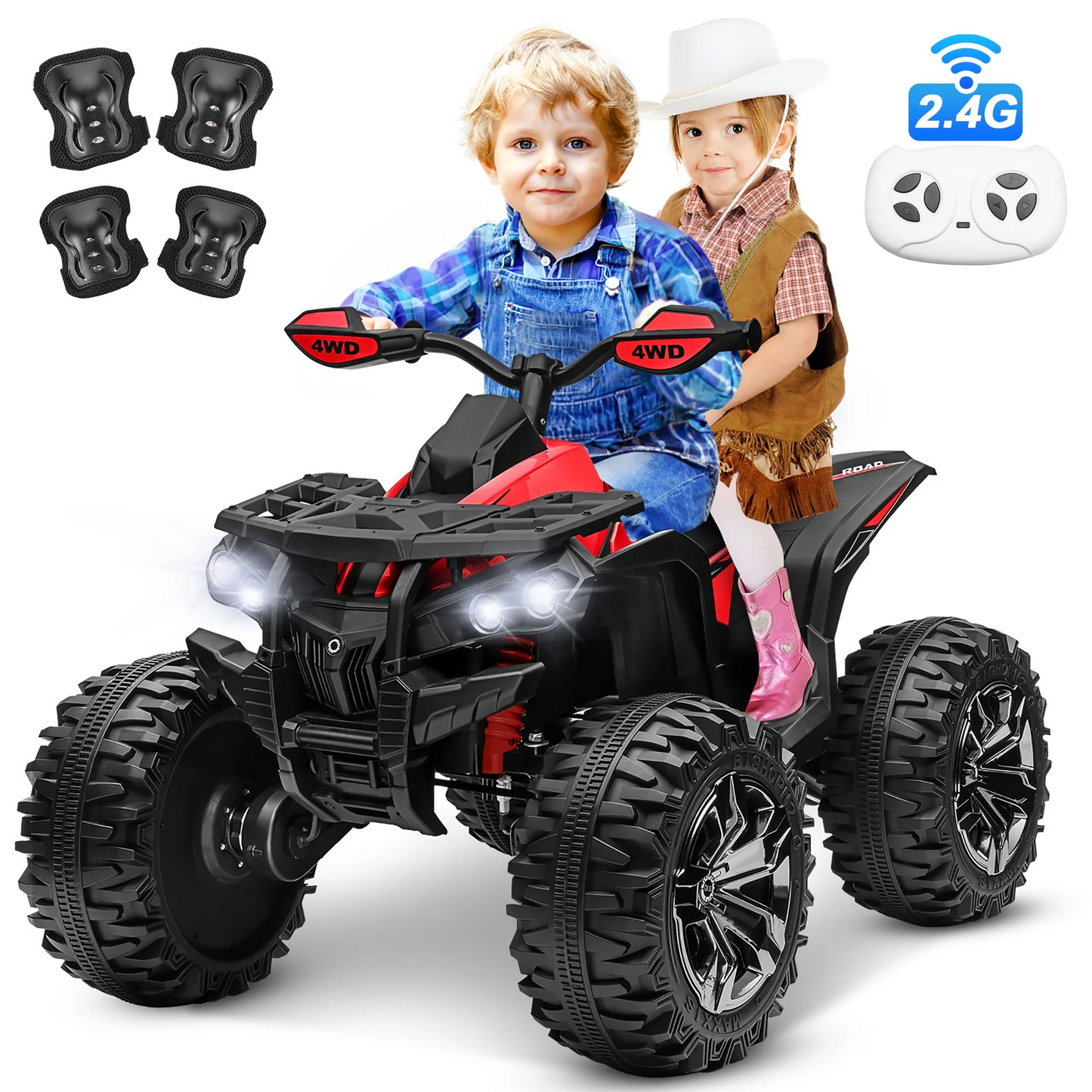 Joyracer 4x4 24V Kids Ride on ATV w/ Remote, 2 Seater Powerful 4-Wheeler Quad Electric Car, 800W Motor Ride on Toys w/ High/Low Speed, Bluetooth/MP3, Horn, Music, LED Light for Big Kids Gift
