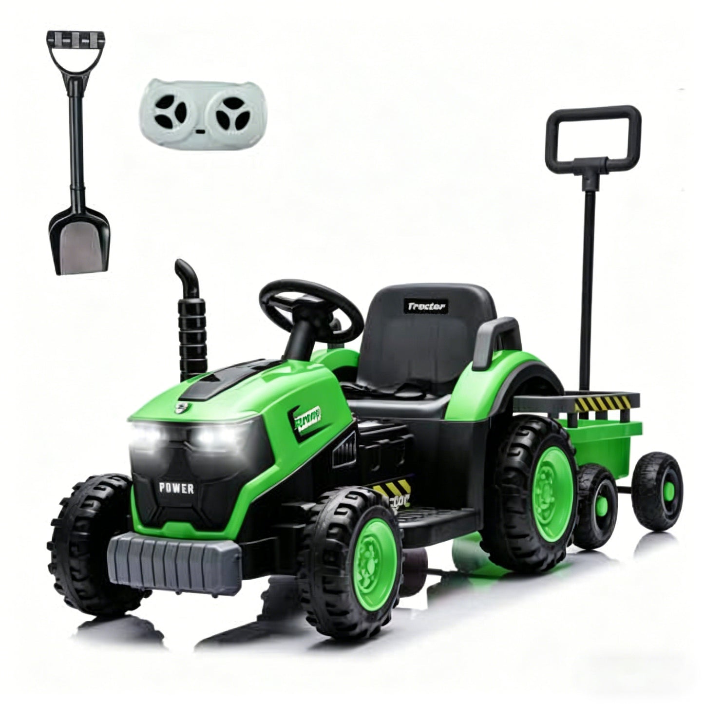 Joyracer 12V Ride on Toys, 2-in-1 Ride on Tractor with Detachable Trailer & Remote Control, Power Car Wheels w/ Shovel, Bluetooth, Music, LED Lights-319