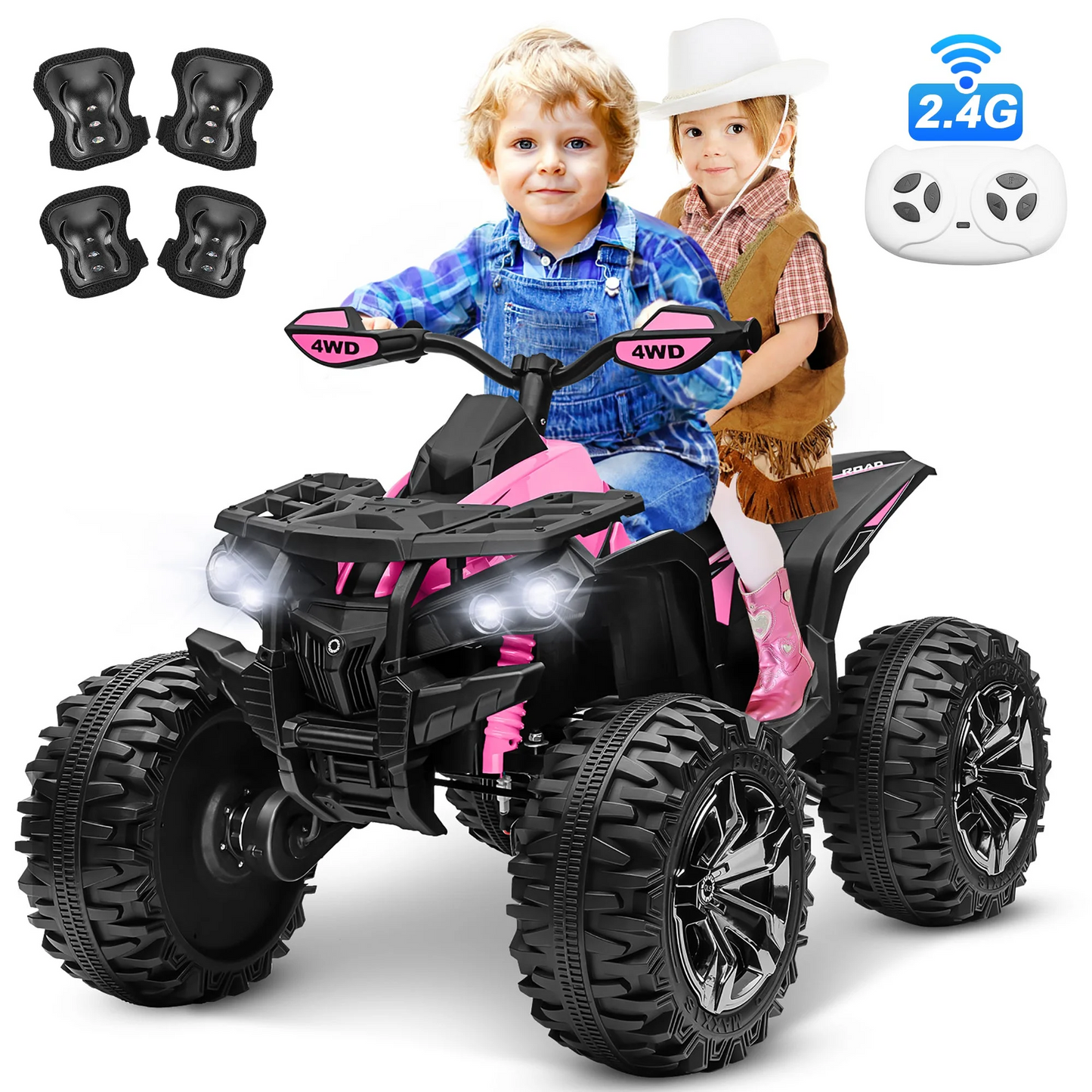 Joyracer 4x4 24V Kids Ride on ATV w/ Remote, 2 Seater Powerful 4-Wheeler Quad Electric Car, 800W Motor Ride on Toys w/ High/Low Speed, Bluetooth/MP3, Horn, Music, LED Light for Big Kids Gift