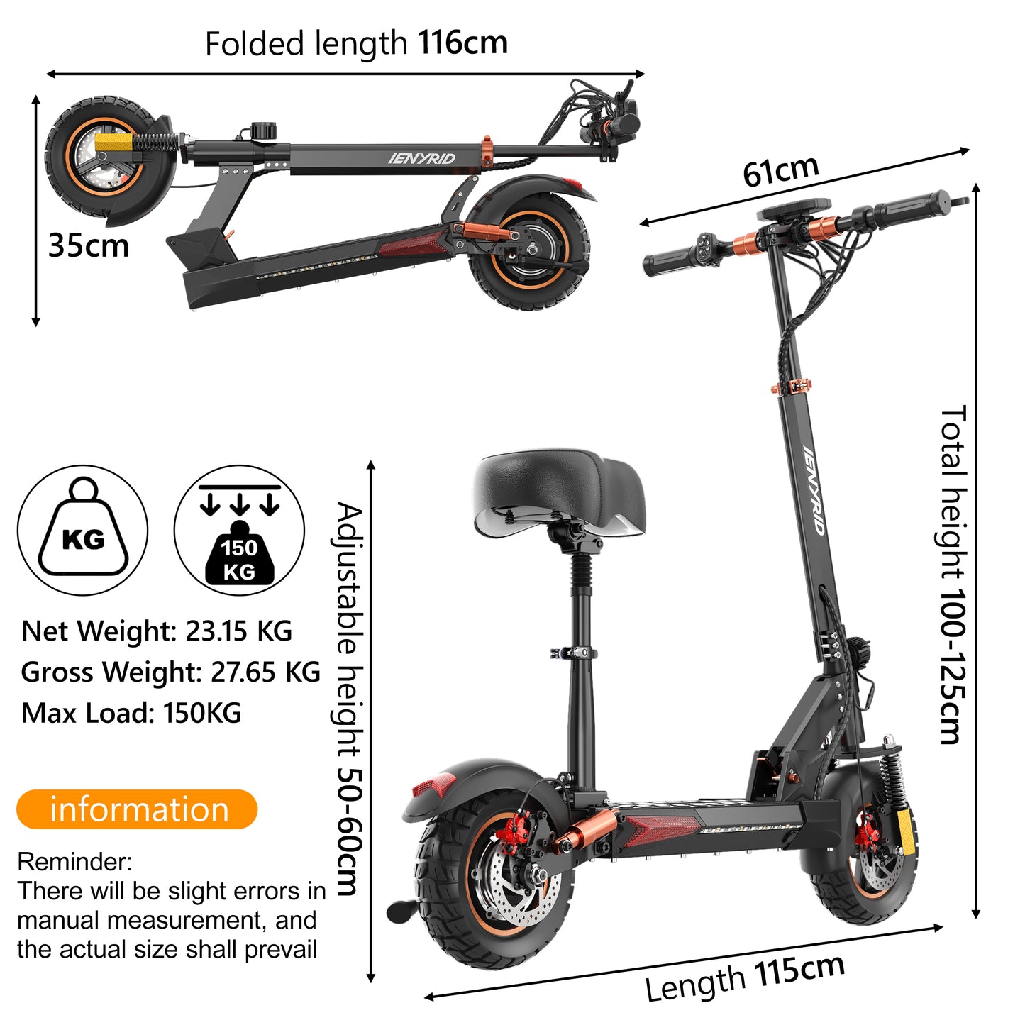 iENYRID S+ 800W Adults Electric Scooter with Removable Seat, 10" Off-road Pneumatic Tires, 3 Speeds 28 MPH Max, Folding Electric Scooter 330lbs Weight Limit Black