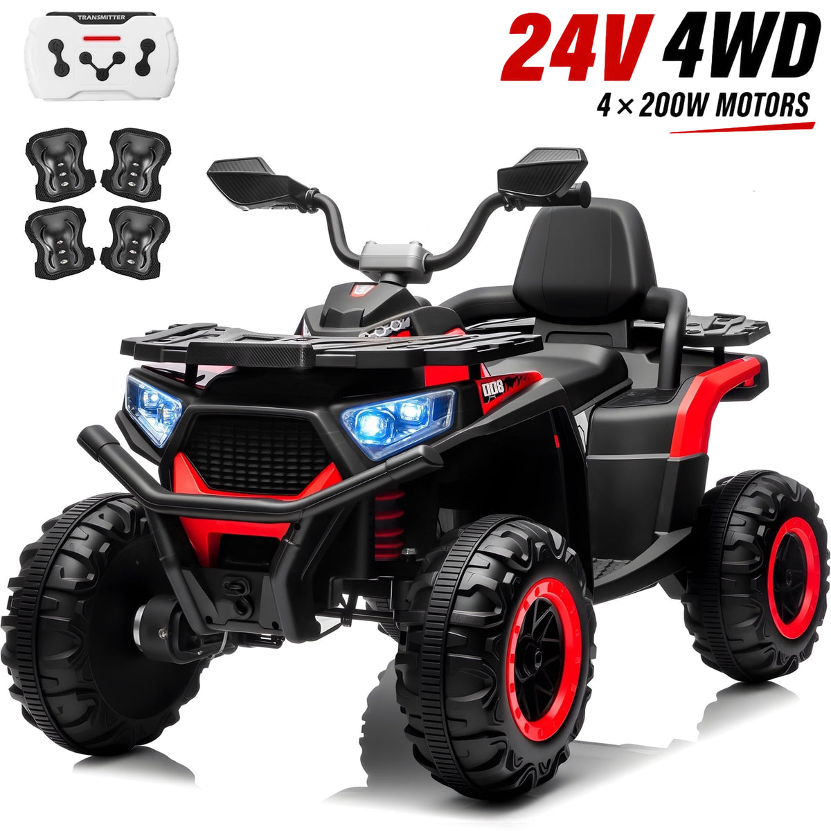 Joyracer 24V Ride on Toys, 4WD ATV for Kids, 800W Electric Quad with 2 Seater, Power Car Wheels w/ Remote Control, 3 Speeds, Spring Suspension, Knee Pad, Bluetooth Music, LED Light,ATV 007
