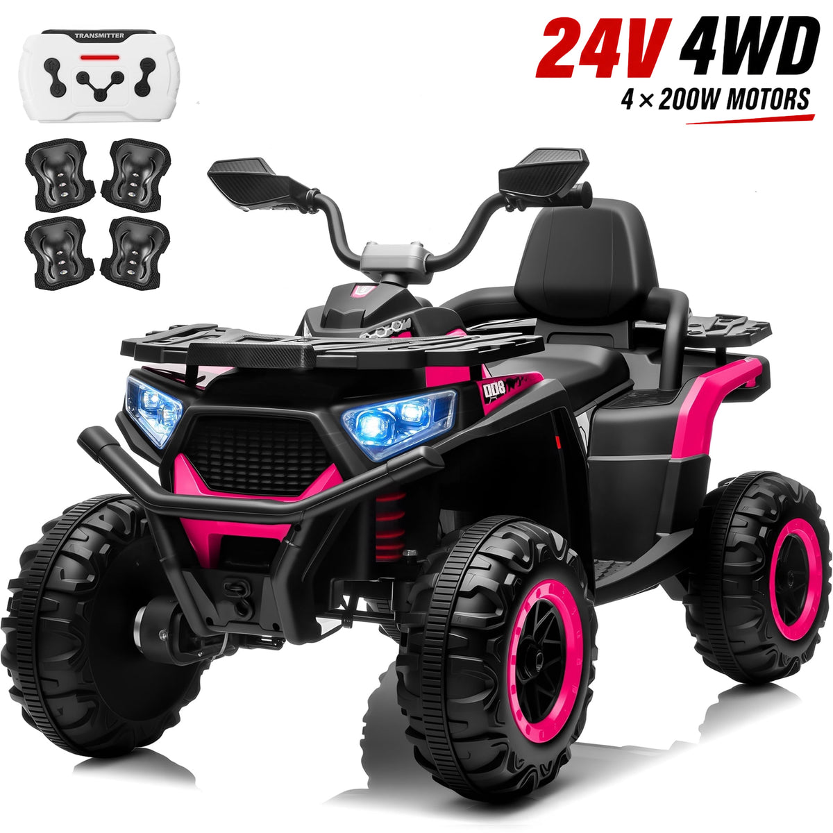 Joyracer 24V Ride on Toys, 4WD ATV for Kids, 800W Electric Quad with 2 Seater, Power Car Wheels w/ Remote Control, 3 Speeds, Spring Suspension, Knee Pad, Bluetooth Music, LED Light,ATV 007