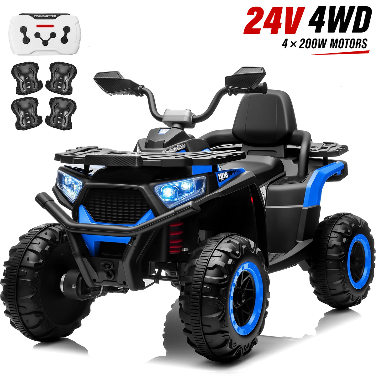 Joyracer 24V Ride on Toys, 4WD ATV for Kids, 800W Electric Quad with 2 Seater, Power Car Wheels w/ Remote Control, 3 Speeds, Spring Suspension, Knee Pad, Bluetooth Music, LED Light,ATV 007