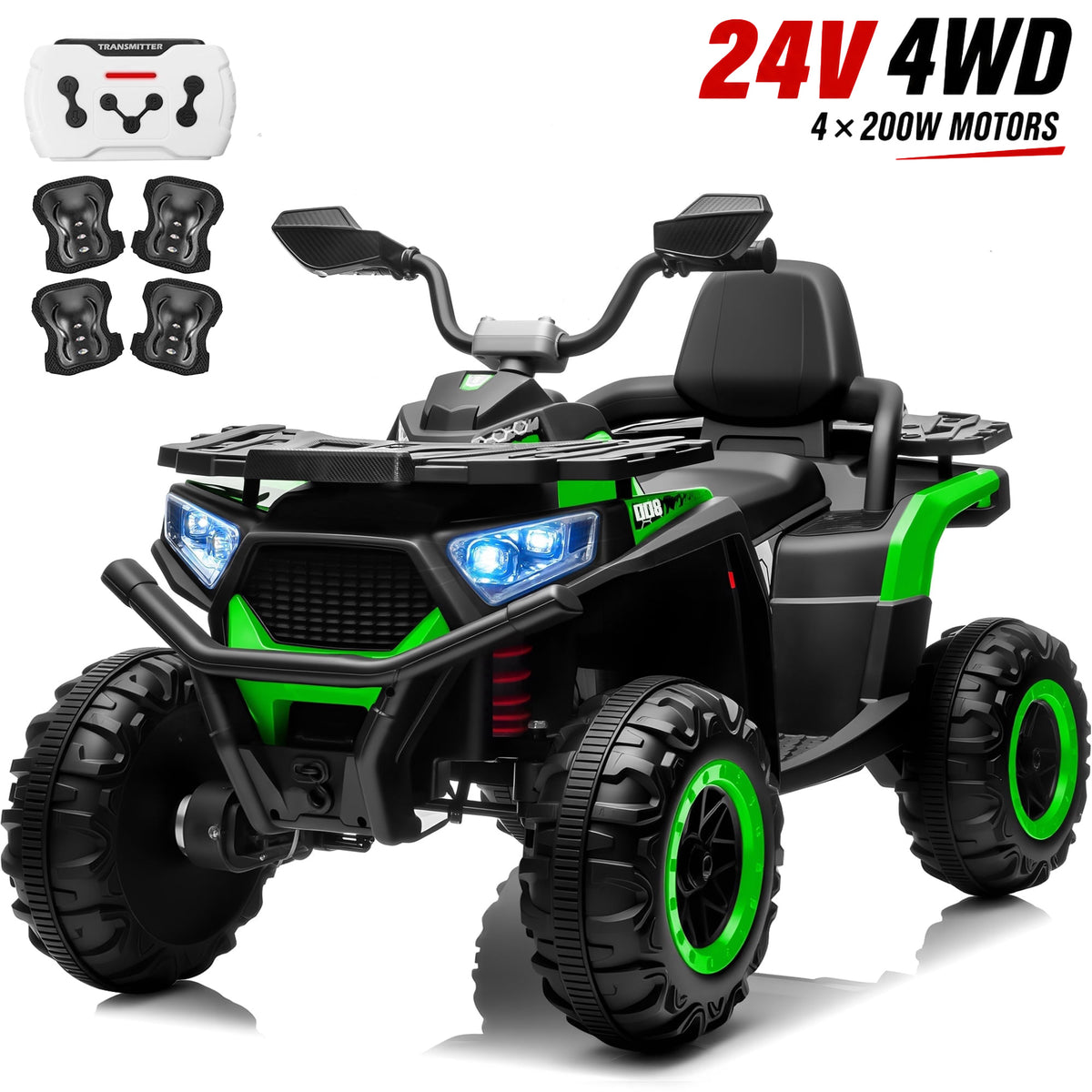 Joyracer 24V Ride on Toys, 4WD ATV for Kids, 800W Electric Quad with 2 Seater, Power Car Wheels w/ Remote Control, 3 Speeds, Spring Suspension, Knee Pad, Bluetooth Music, LED Light,ATV 007