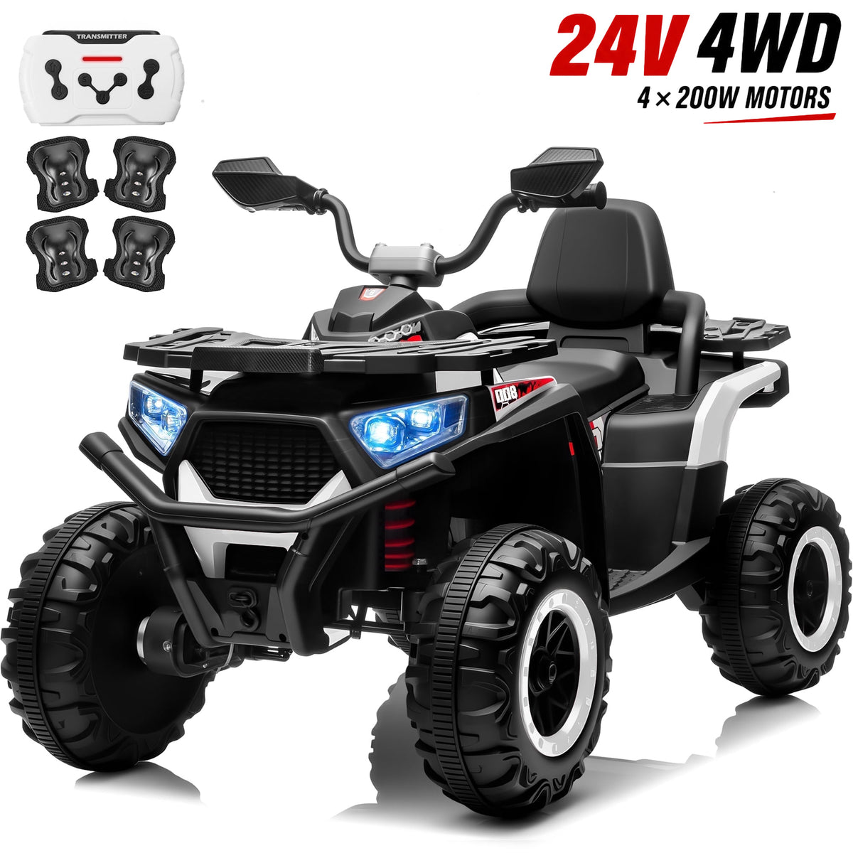 Joyracer 24V Ride on Toys, 4WD ATV for Kids, 800W Electric Quad with 2 Seater, Power Car Wheels w/ Remote Control, 3 Speeds, Spring Suspension, Knee Pad, Bluetooth Music, LED Light,ATV 007
