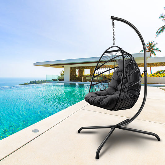 Anrli Foldable Swing Egg Chair with Stand Indoor Outdoor Wicker Rattan Patio Basket Hanging Foldable with Cushion Pillow and C Type Bracket for Kids Adult,Black