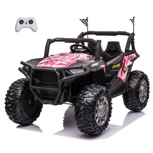 24V Kids Ride on UTV Car w/ 2 Seater Remote Control, Electric Off-Road UTV w/ 2*200W Motor, 7AH Battery Powered 4-Wheeler Toy, LED Lights, Spring Suspension, 3 Speeds, Bluetooth Music Camo Pink