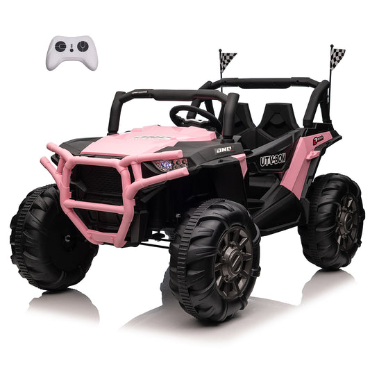 24V Kids Ride on UTV Car w/ 2 Seater Remote Control, Electric Off-Road UTV w/ 2*200W Motor, 7AH Battery Powered 4-Wheeler Toy, LED Lights, Spring Suspension, 3 Speeds, Bluetooth Music Pink