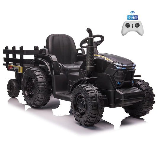 24V Kids Ride On Car Tractor with Remote Control, 400W Motor, 9 AH Battery Powered Ride On Toy Truck with Trailer, Suspension, 3 Speeds, USB/MP3 Music for Girl Boy Black