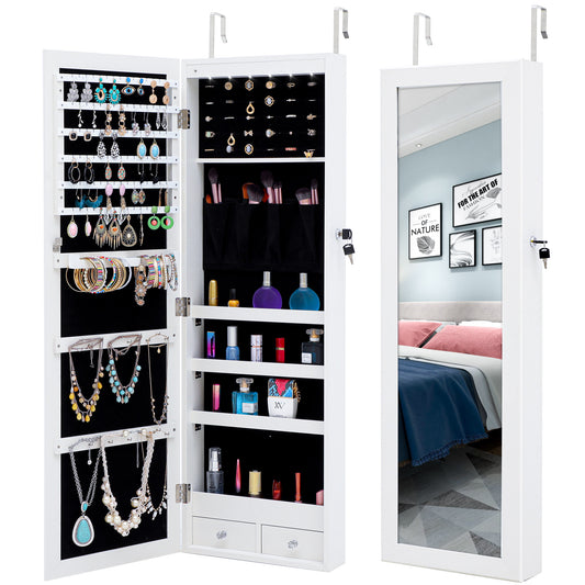 Anrli 6-LED Light Jewelry Armoire Lockable Wall Door Mounted Mirror Jewelry Cabinet Armoire Storage Organizer White