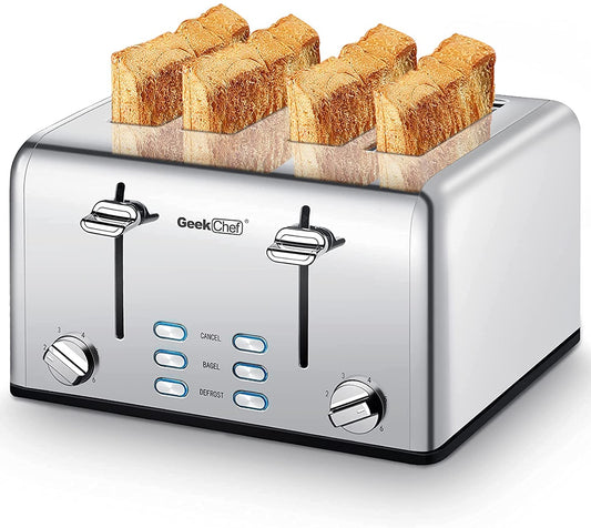 Anrli 4 Slice Toaster Extra Wide Slot Toaster Stainless Steel with Dual Control Panels of Bagel/Defrost/Cancel Function, 6 Toasting Bread Shade Settings, Removable Crumb Trays, Auto Pop-Up,Sliver