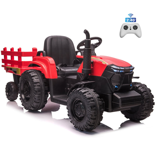 24V Kids Ride On Car Tractor with Remote Control, 400W Motor, 9 AH Battery Powered Ride On Toy Truck with Trailer, Suspension, 3 Speeds, USB/MP3 Music for Girl Boy Red