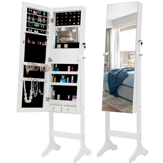 6 LEDs Standing Jewelry Cabinet Armoire with Full-Length Mirror, Lockable Jewelry Storage Organizer, 3 Angle Adjustable White